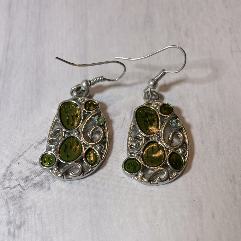 3/$20 Green and Silver Art Deco Earrings